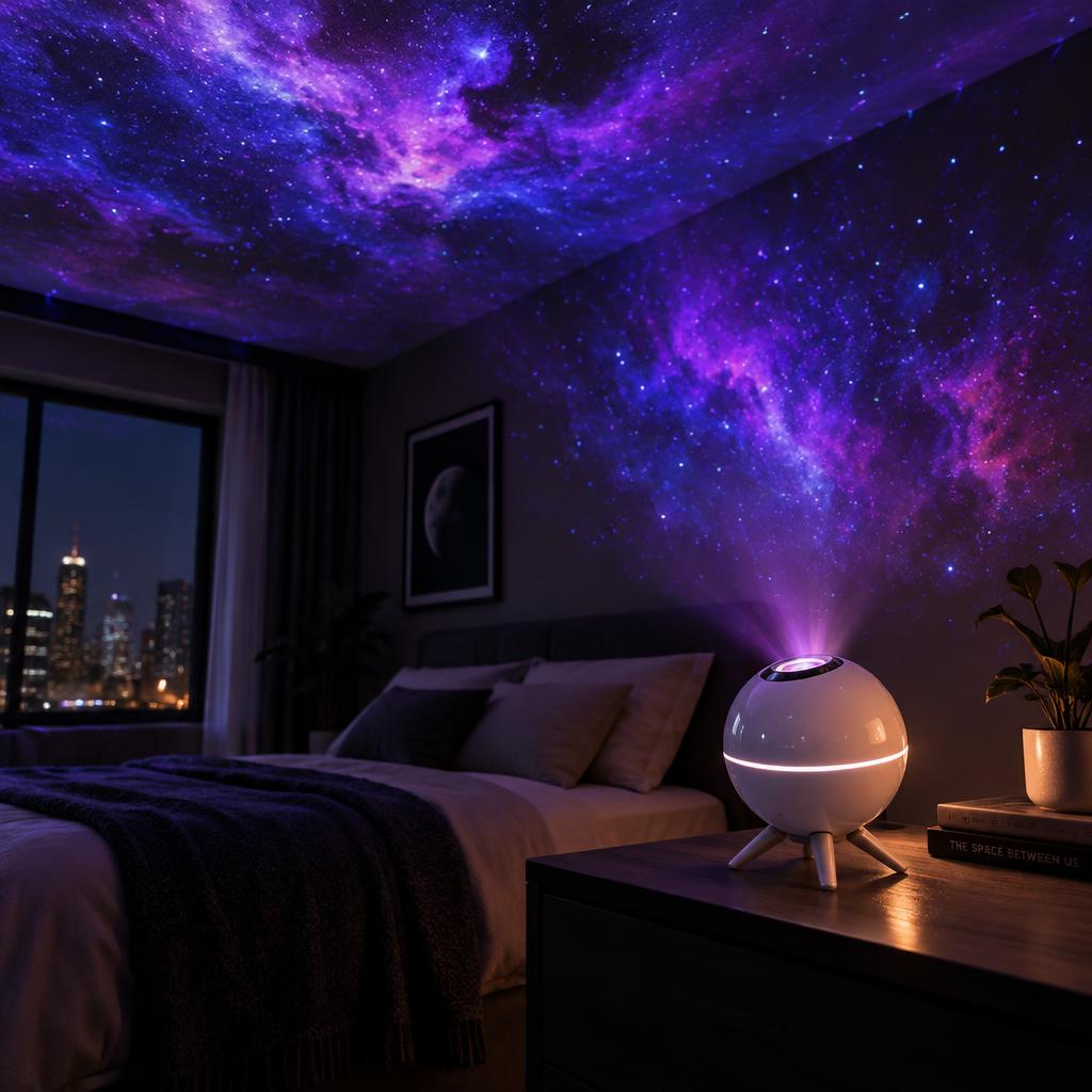 AuroraSphere projetant une galaxie dans une chambre