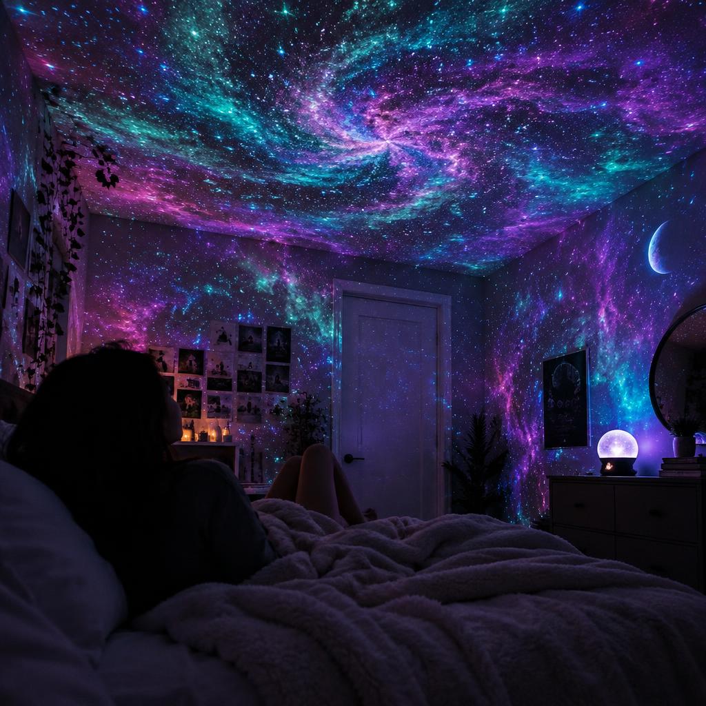 Chambre immergée dans une projection galaxie AuroraSphere